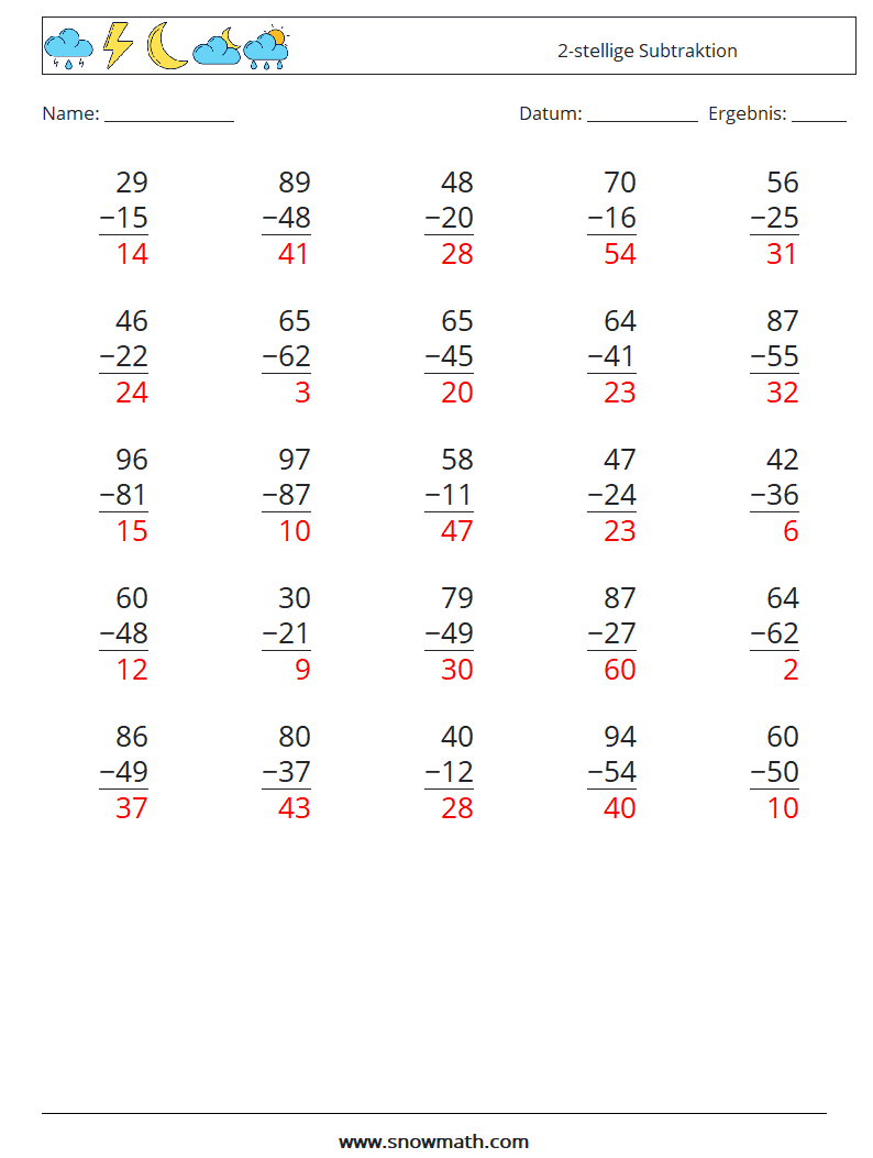 (25) 2-stellige Subtraktion Mathe-Arbeitsblätter 7 Frage, Antwort