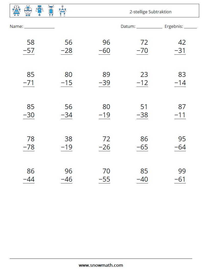 (25) 2-stellige Subtraktion Mathe-Arbeitsblätter 8