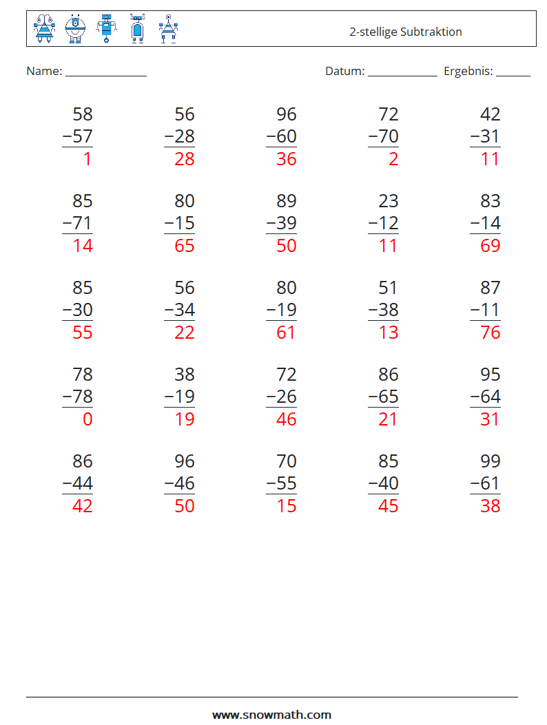 (25) 2-stellige Subtraktion Mathe-Arbeitsblätter 8 Frage, Antwort