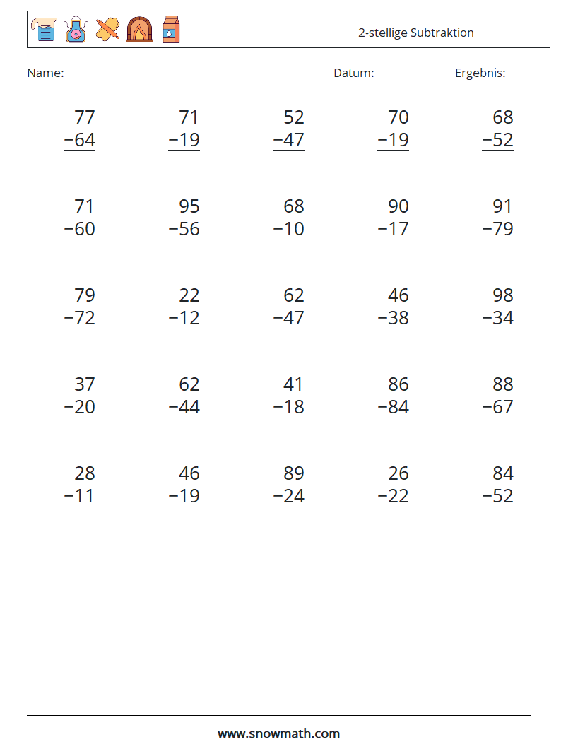 (25) 2-stellige Subtraktion Mathe-Arbeitsblätter 9