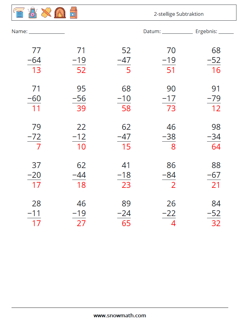 (25) 2-stellige Subtraktion Mathe-Arbeitsblätter 9 Frage, Antwort