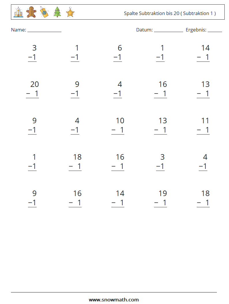 (25) Spalte Subtraktion bis 20 ( Subtraktion 1 ) Mathe-Arbeitsblätter 1