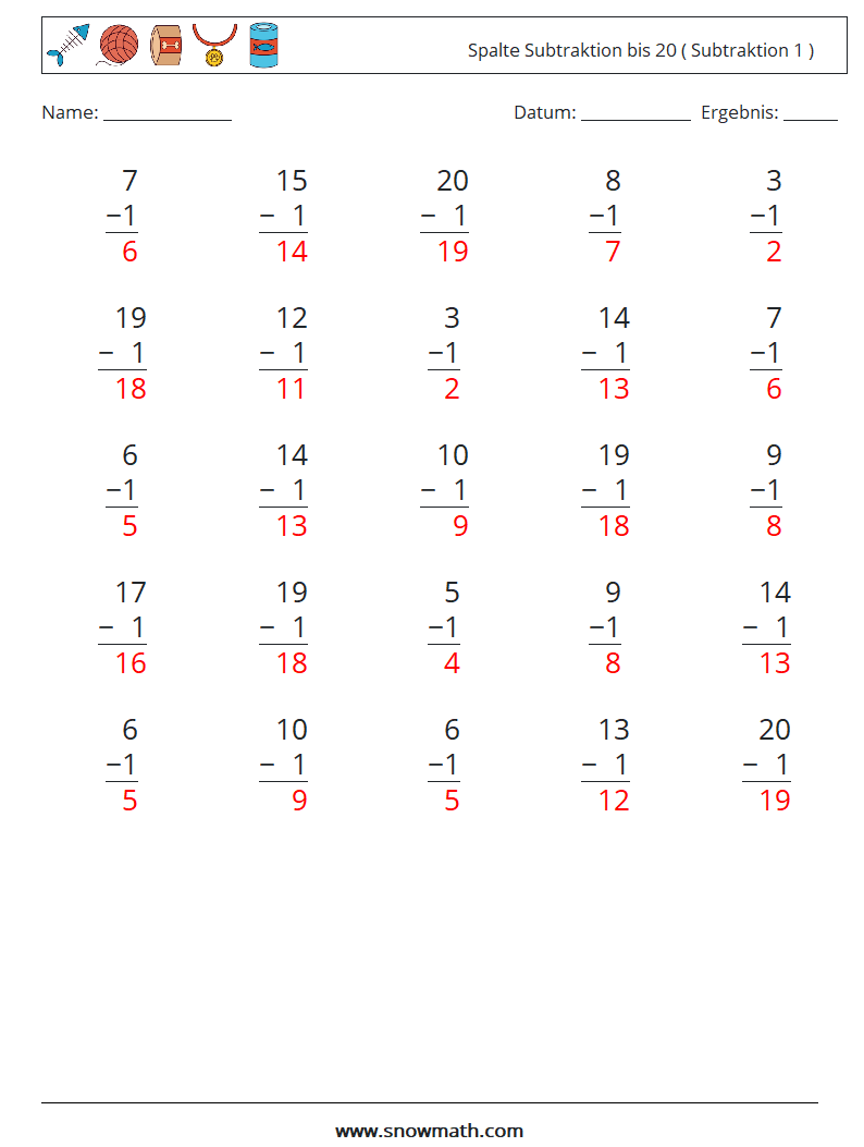 (25) Spalte Subtraktion bis 20 ( Subtraktion 1 ) Mathe-Arbeitsblätter 10 Frage, Antwort
