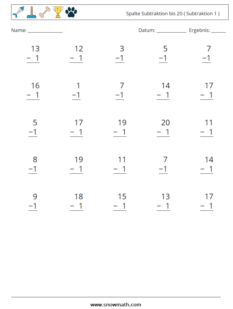 (25) Spalte Subtraktion bis 20 ( Subtraktion 1 ) Mathe-Arbeitsblätter 11