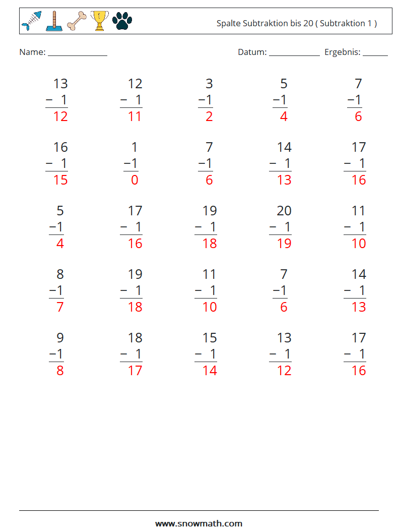 (25) Spalte Subtraktion bis 20 ( Subtraktion 1 ) Mathe-Arbeitsblätter 11 Frage, Antwort