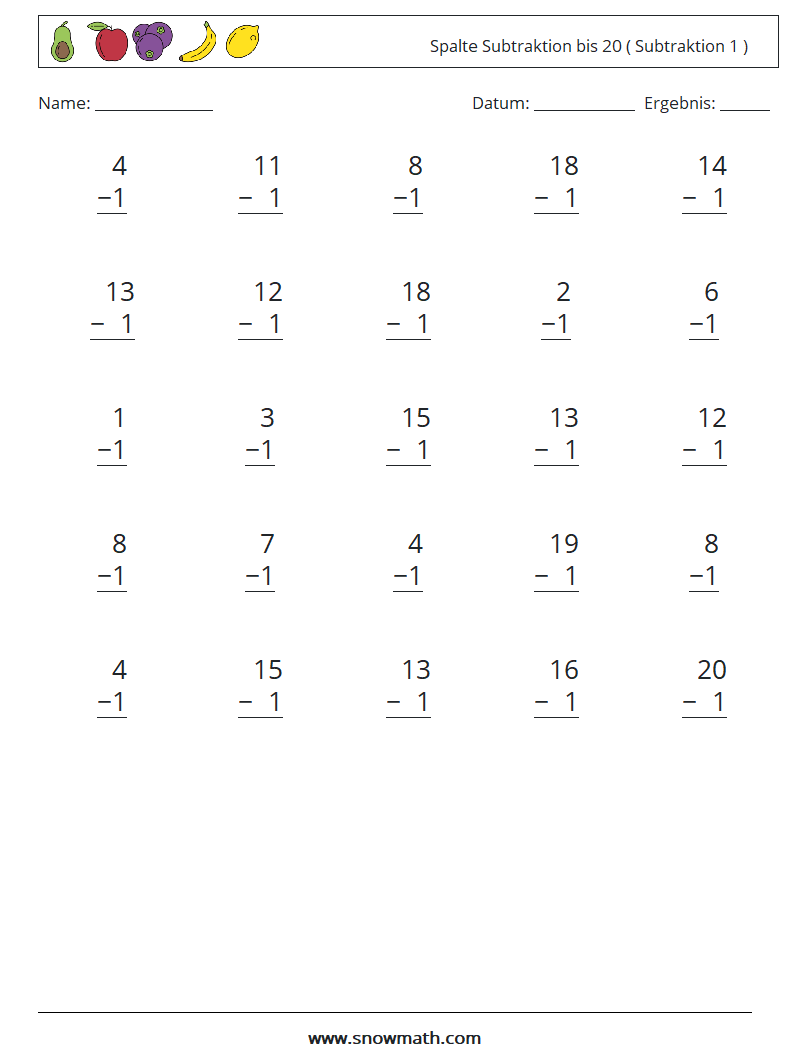 (25) Spalte Subtraktion bis 20 ( Subtraktion 1 ) Mathe-Arbeitsblätter 12