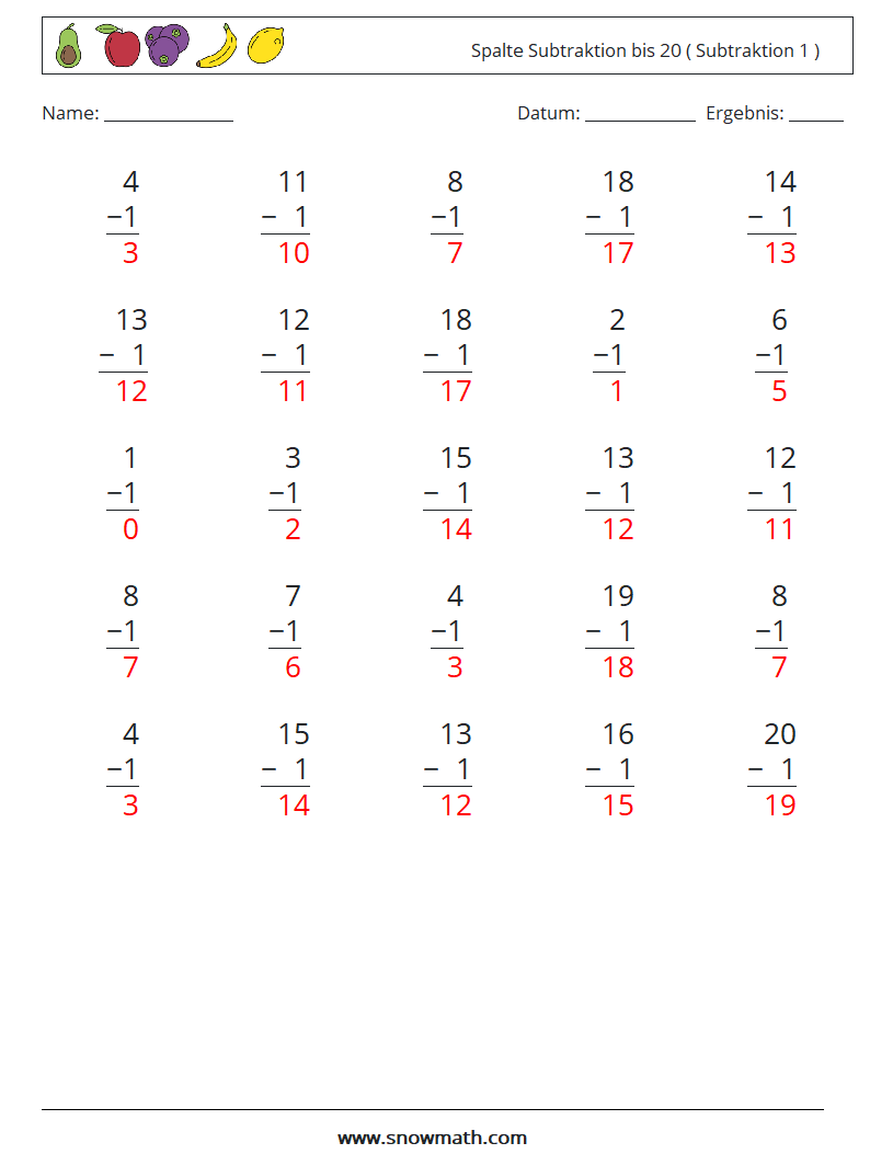 (25) Spalte Subtraktion bis 20 ( Subtraktion 1 ) Mathe-Arbeitsblätter 12 Frage, Antwort