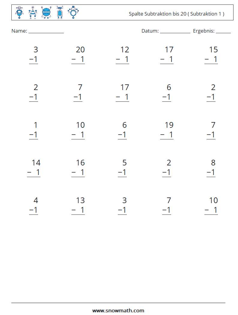 (25) Spalte Subtraktion bis 20 ( Subtraktion 1 ) Mathe-Arbeitsblätter 13