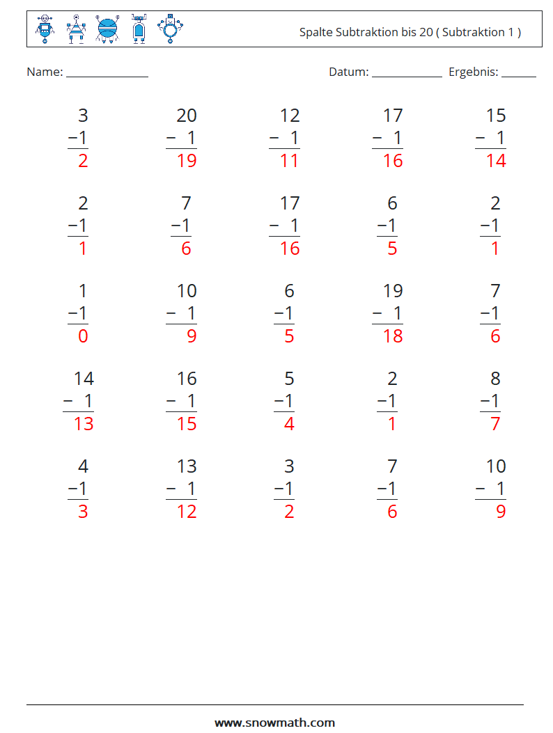 (25) Spalte Subtraktion bis 20 ( Subtraktion 1 ) Mathe-Arbeitsblätter 13 Frage, Antwort