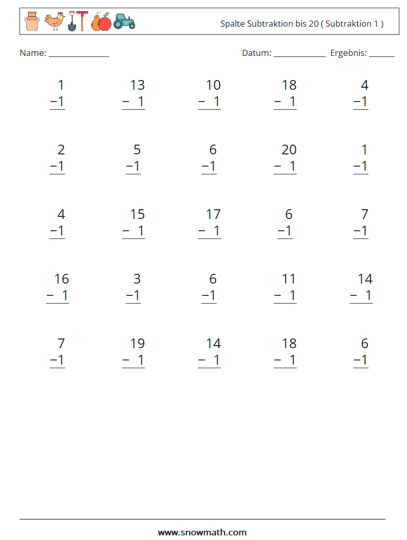 (25) Spalte Subtraktion bis 20 ( Subtraktion 1 ) Mathe-Arbeitsblätter 14