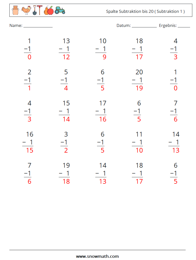 (25) Spalte Subtraktion bis 20 ( Subtraktion 1 ) Mathe-Arbeitsblätter 14 Frage, Antwort