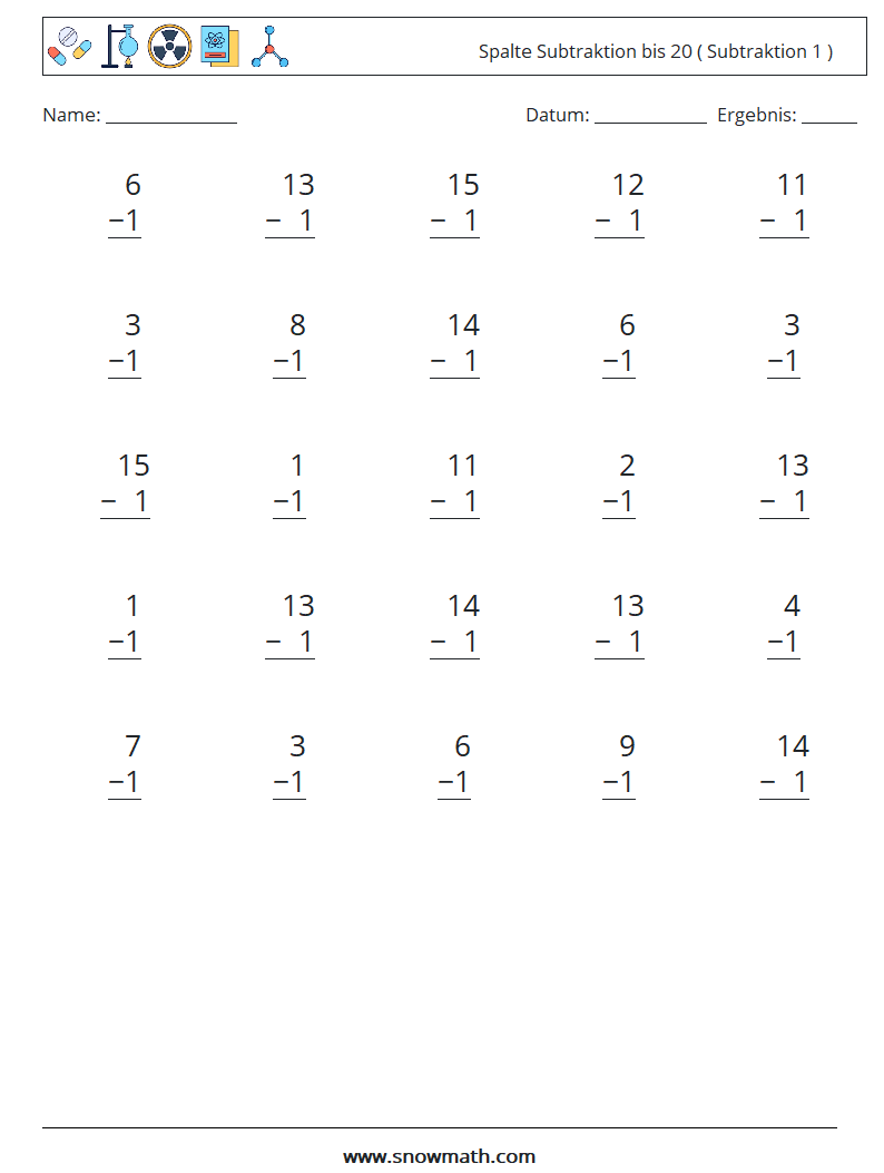 (25) Spalte Subtraktion bis 20 ( Subtraktion 1 ) Mathe-Arbeitsblätter 15