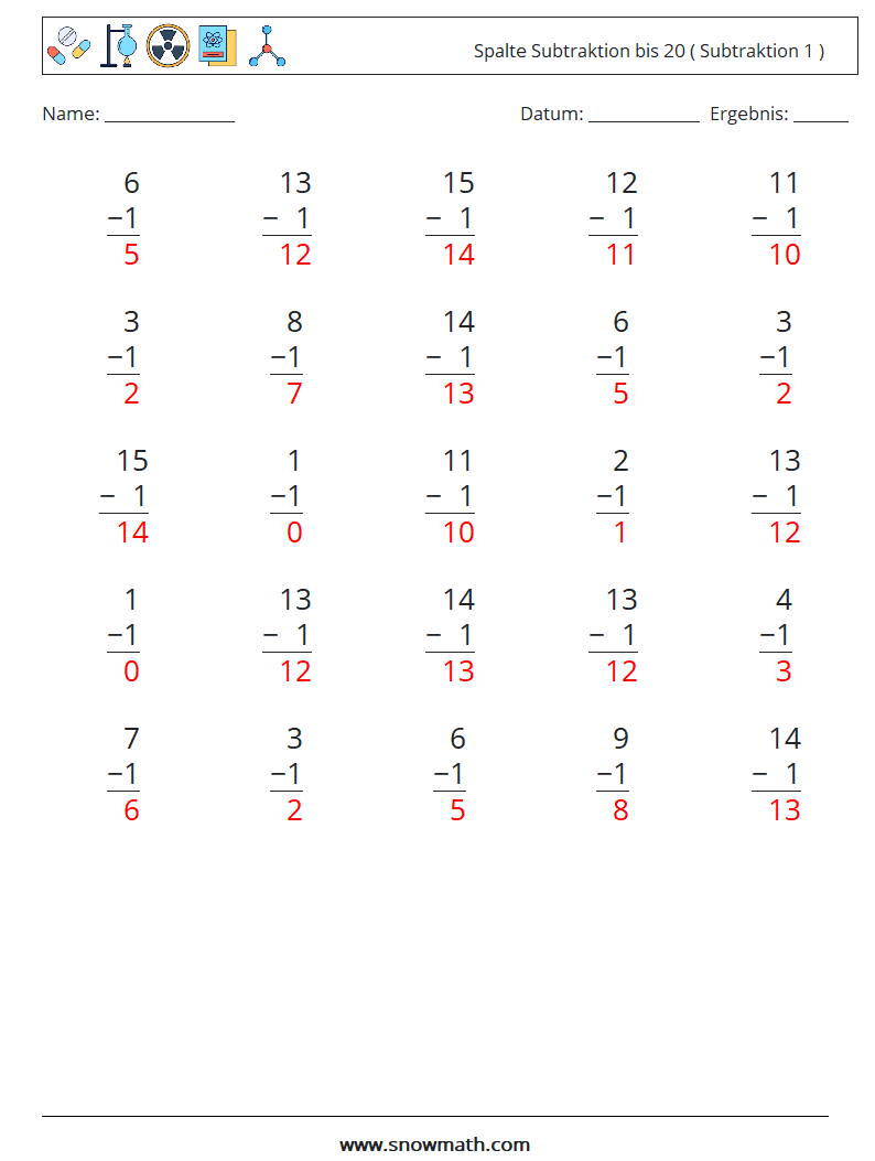 (25) Spalte Subtraktion bis 20 ( Subtraktion 1 ) Mathe-Arbeitsblätter 15 Frage, Antwort