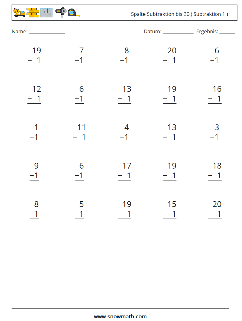 (25) Spalte Subtraktion bis 20 ( Subtraktion 1 ) Mathe-Arbeitsblätter 16