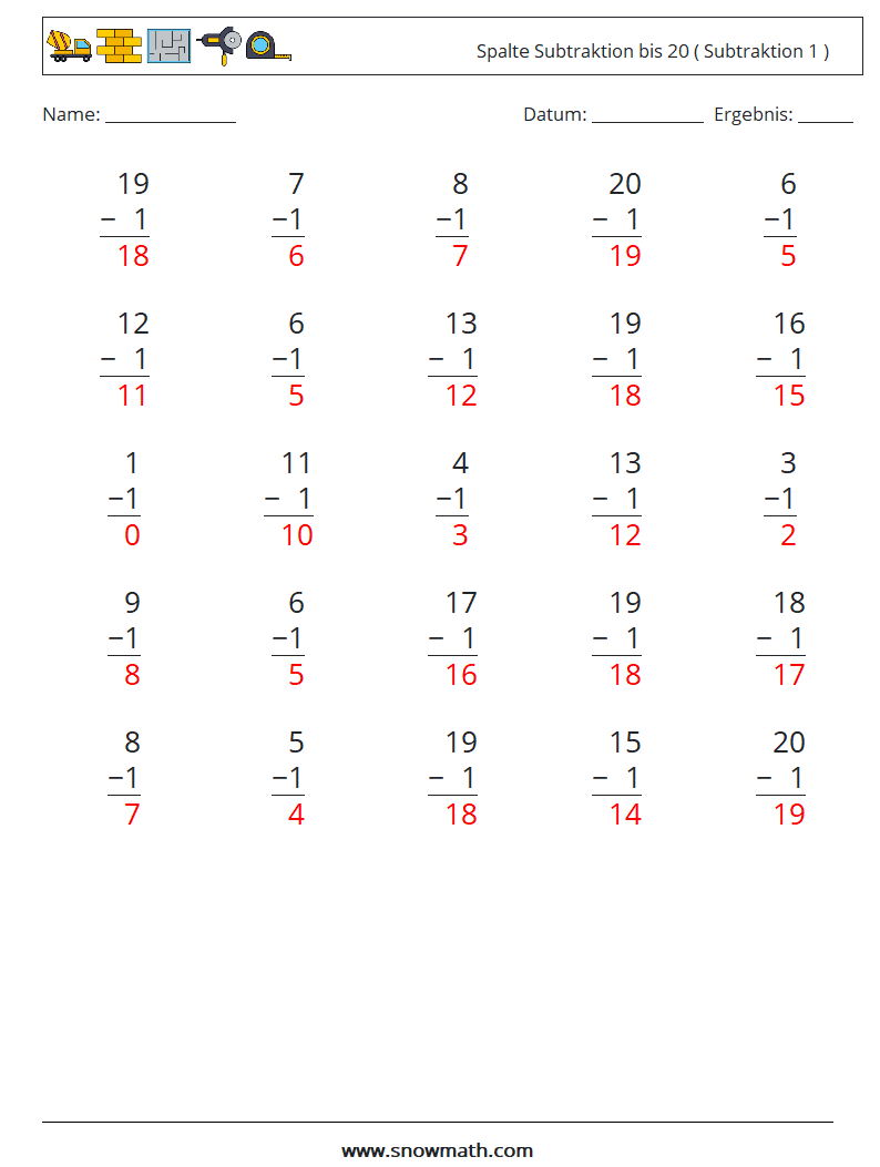 (25) Spalte Subtraktion bis 20 ( Subtraktion 1 ) Mathe-Arbeitsblätter 16 Frage, Antwort