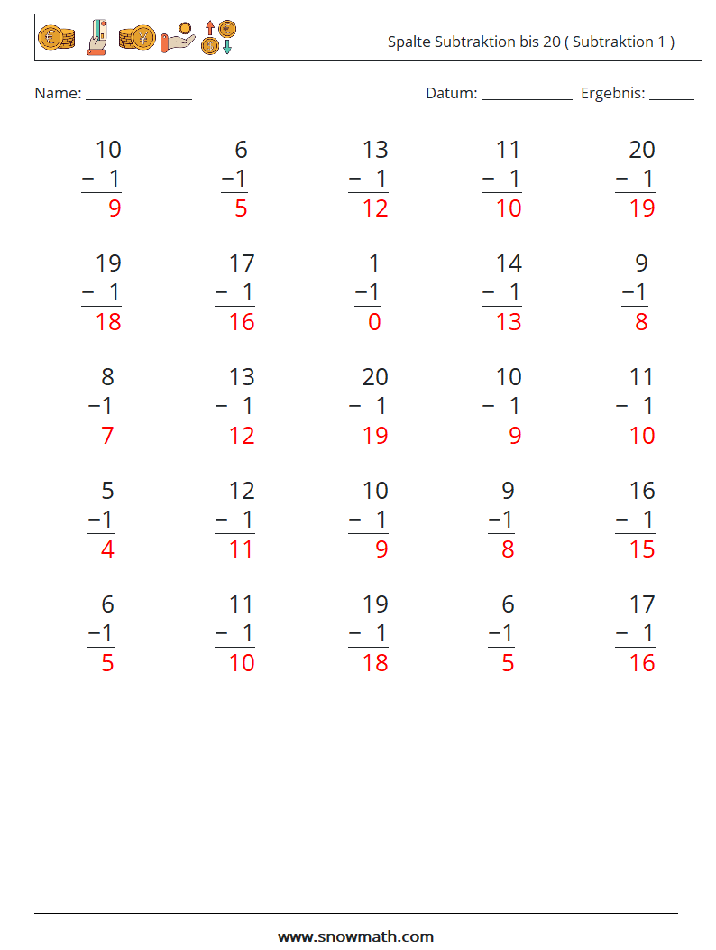(25) Spalte Subtraktion bis 20 ( Subtraktion 1 ) Mathe-Arbeitsblätter 17 Frage, Antwort