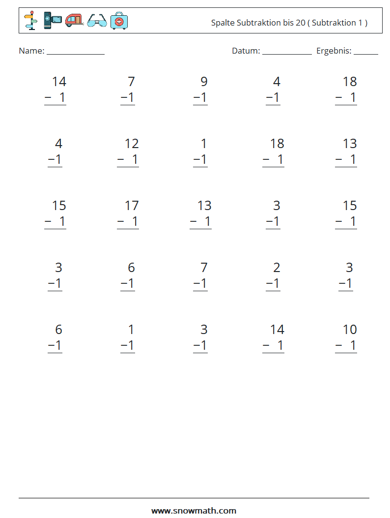 (25) Spalte Subtraktion bis 20 ( Subtraktion 1 ) Mathe-Arbeitsblätter 18