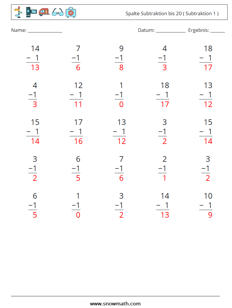 (25) Spalte Subtraktion bis 20 ( Subtraktion 1 ) Mathe-Arbeitsblätter 18 Frage, Antwort