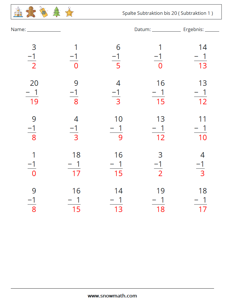 (25) Spalte Subtraktion bis 20 ( Subtraktion 1 ) Mathe-Arbeitsblätter 1 Frage, Antwort