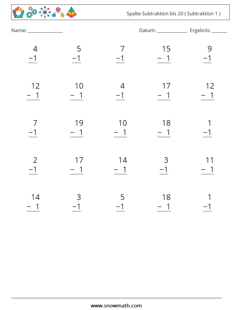 (25) Spalte Subtraktion bis 20 ( Subtraktion 1 ) Mathe-Arbeitsblätter 2