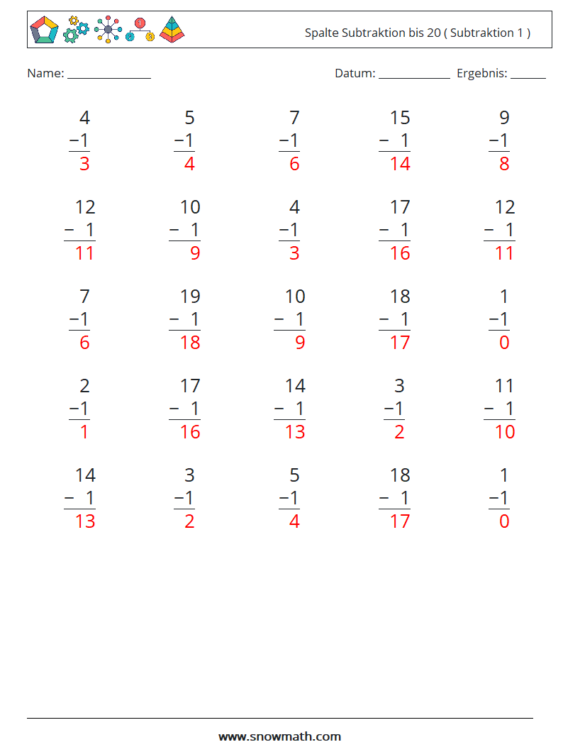 (25) Spalte Subtraktion bis 20 ( Subtraktion 1 ) Mathe-Arbeitsblätter 2 Frage, Antwort