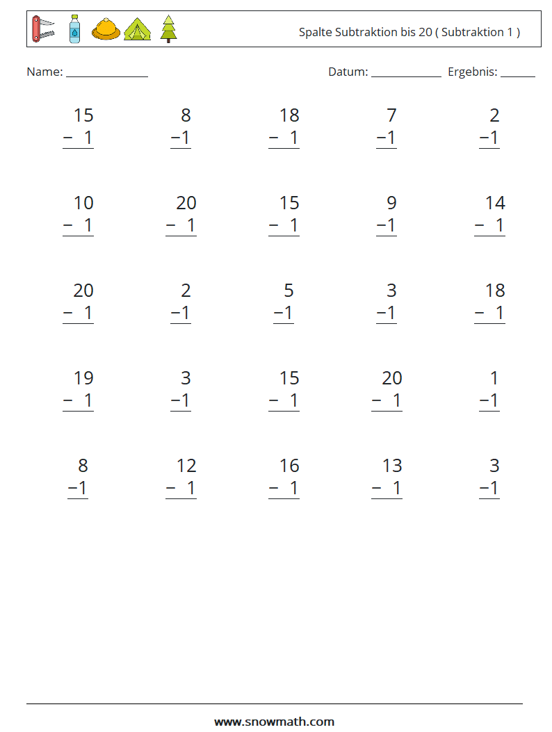 (25) Spalte Subtraktion bis 20 ( Subtraktion 1 ) Mathe-Arbeitsblätter 3
