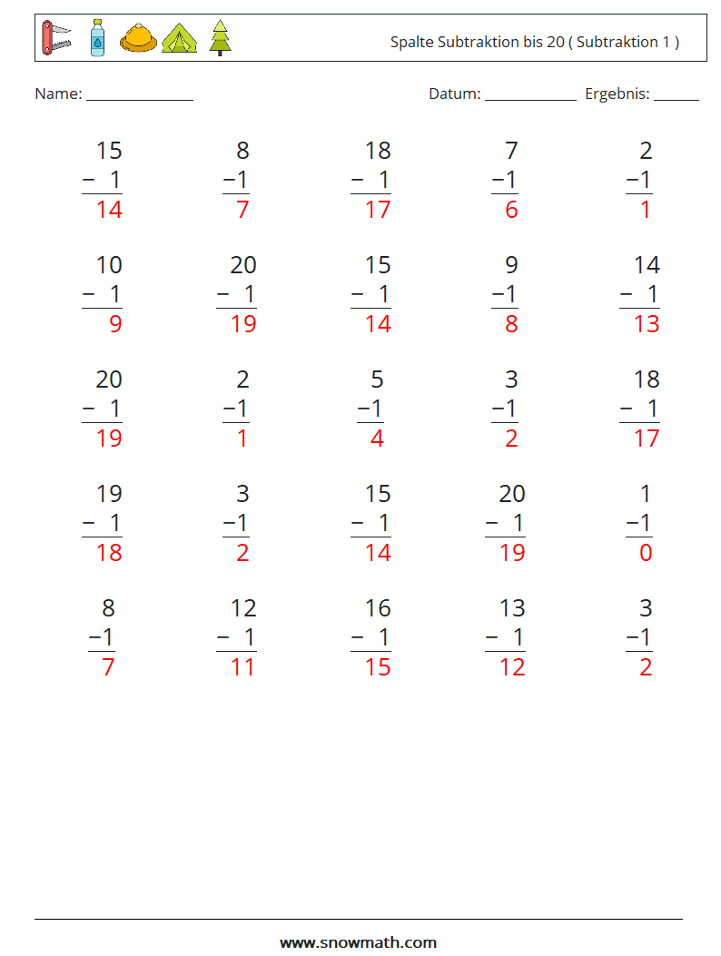 (25) Spalte Subtraktion bis 20 ( Subtraktion 1 ) Mathe-Arbeitsblätter 3 Frage, Antwort