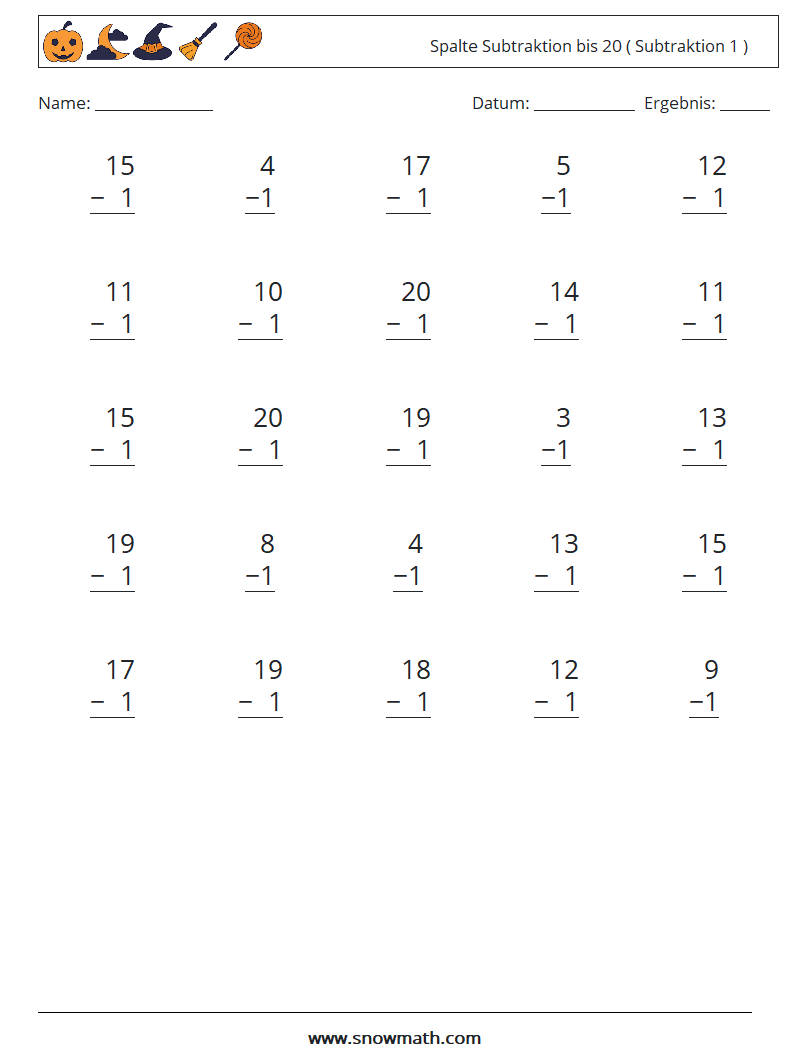 (25) Spalte Subtraktion bis 20 ( Subtraktion 1 ) Mathe-Arbeitsblätter 4