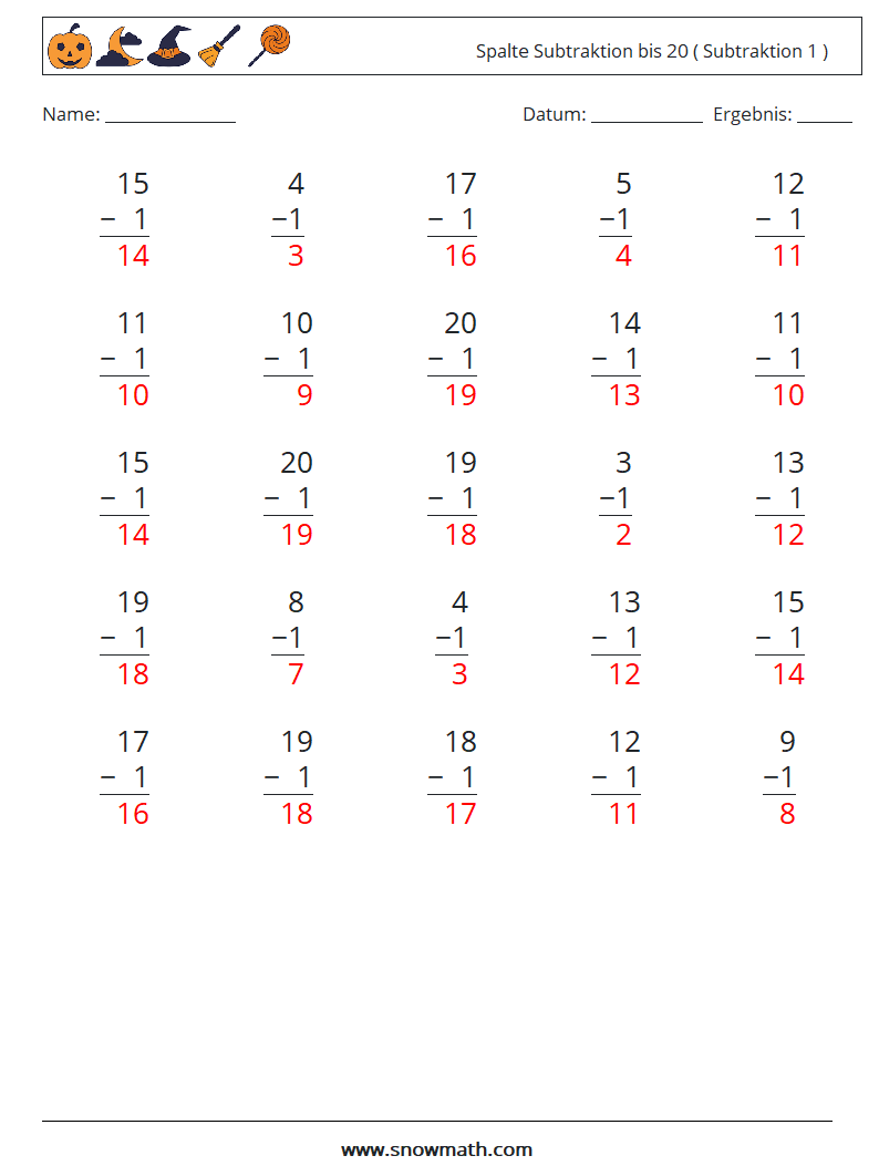 (25) Spalte Subtraktion bis 20 ( Subtraktion 1 ) Mathe-Arbeitsblätter 4 Frage, Antwort
