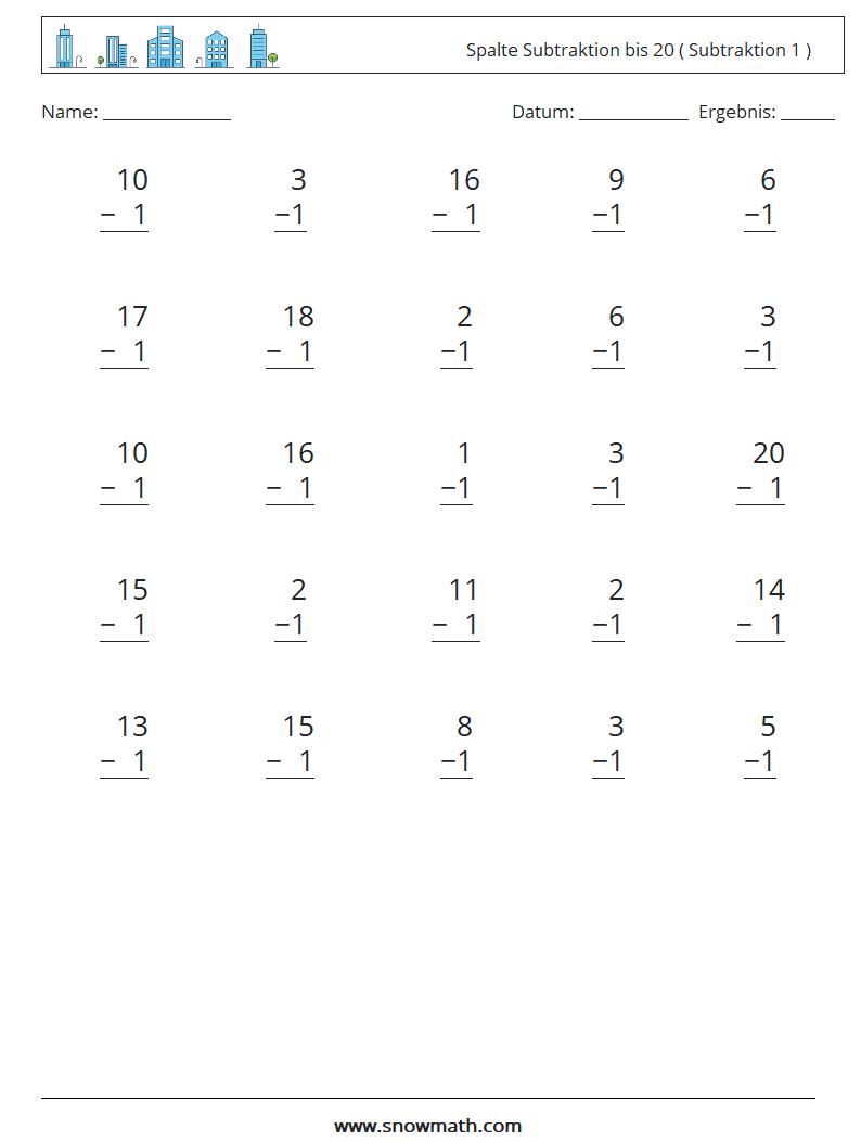 (25) Spalte Subtraktion bis 20 ( Subtraktion 1 ) Mathe-Arbeitsblätter 5