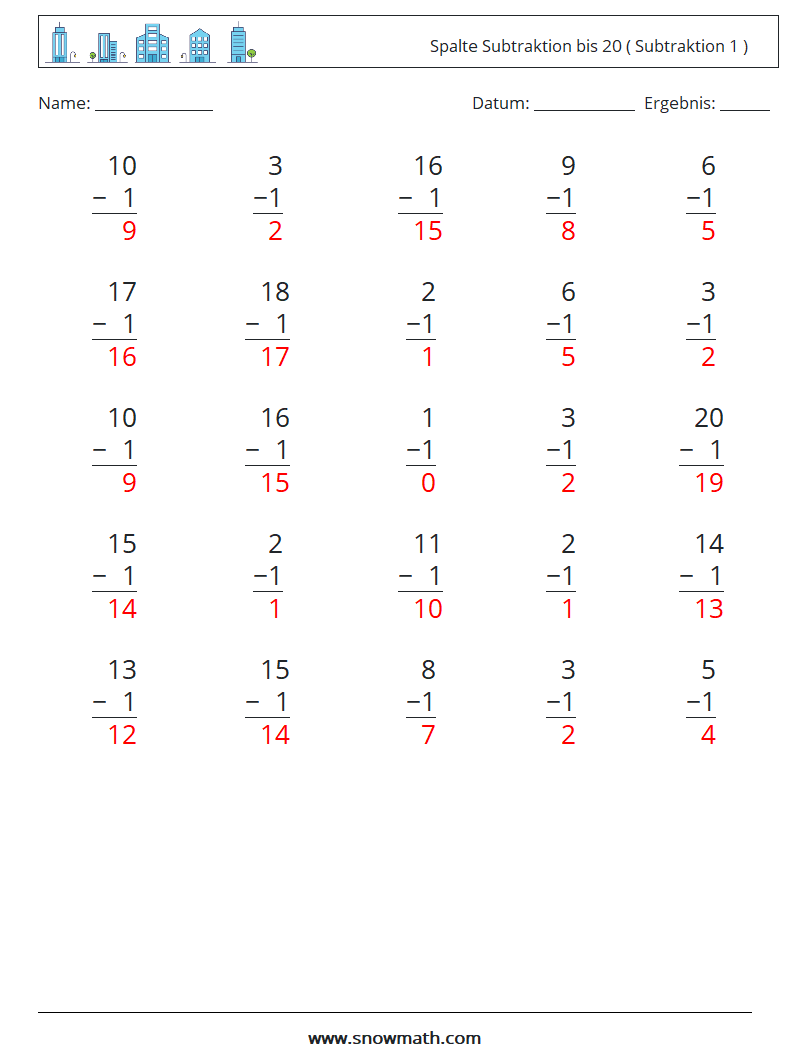 (25) Spalte Subtraktion bis 20 ( Subtraktion 1 ) Mathe-Arbeitsblätter 5 Frage, Antwort