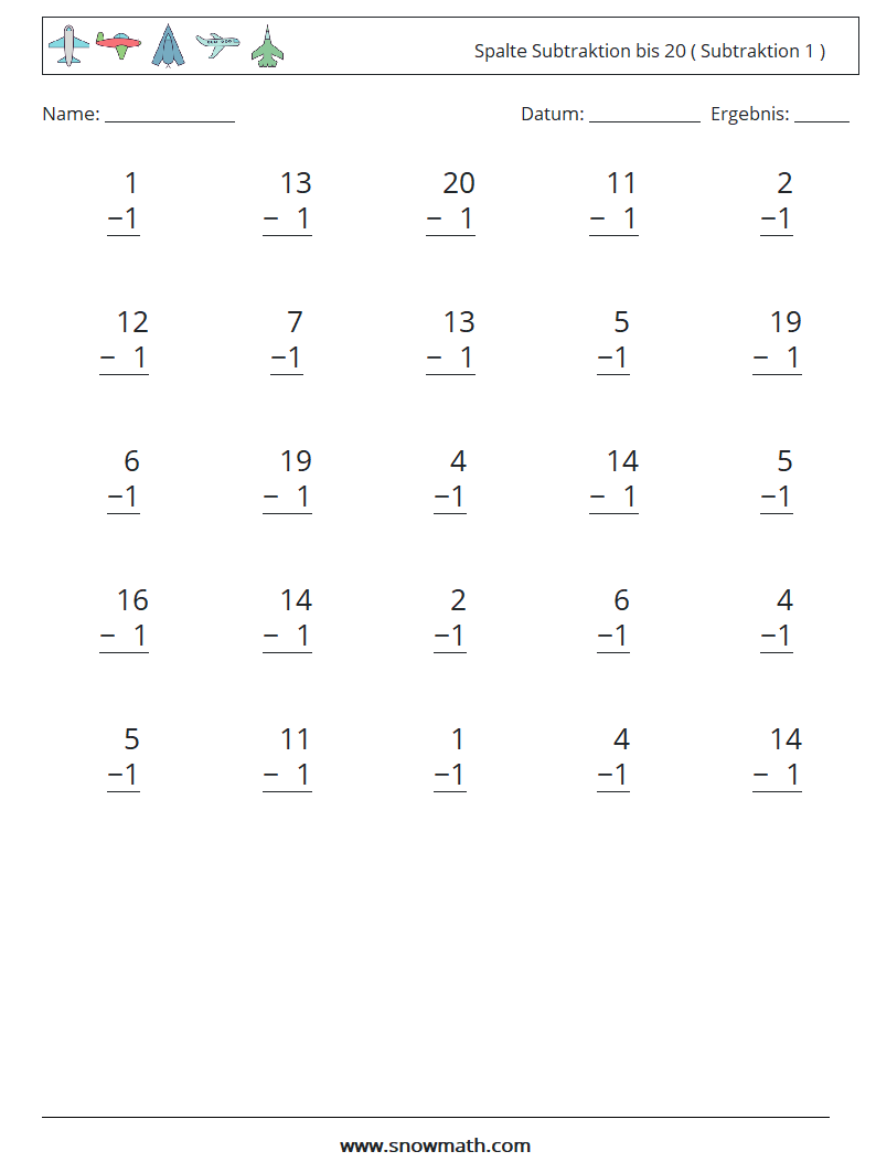 (25) Spalte Subtraktion bis 20 ( Subtraktion 1 ) Mathe-Arbeitsblätter 6