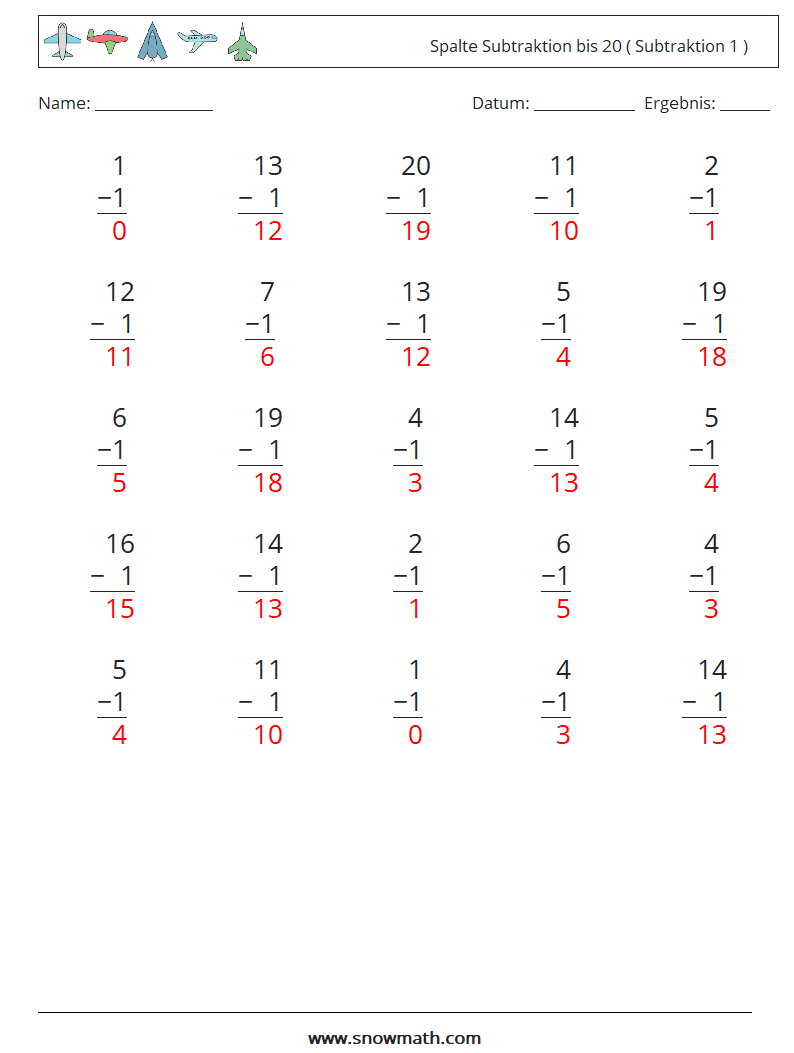 (25) Spalte Subtraktion bis 20 ( Subtraktion 1 ) Mathe-Arbeitsblätter 6 Frage, Antwort