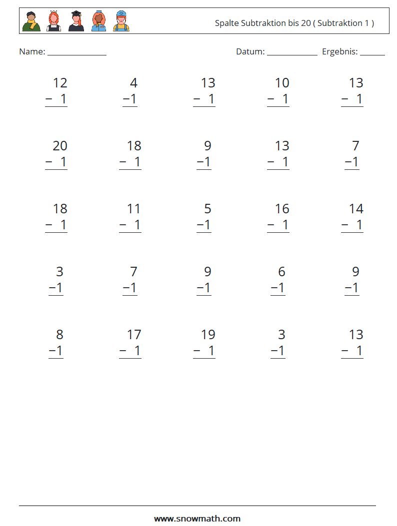 (25) Spalte Subtraktion bis 20 ( Subtraktion 1 ) Mathe-Arbeitsblätter 7