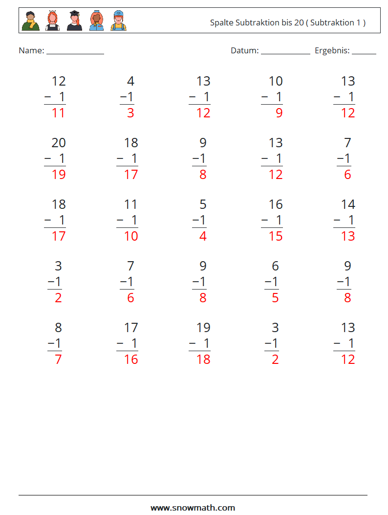 (25) Spalte Subtraktion bis 20 ( Subtraktion 1 ) Mathe-Arbeitsblätter 7 Frage, Antwort