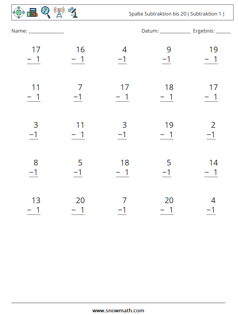 (25) Spalte Subtraktion bis 20 ( Subtraktion 1 ) Mathe-Arbeitsblätter 8