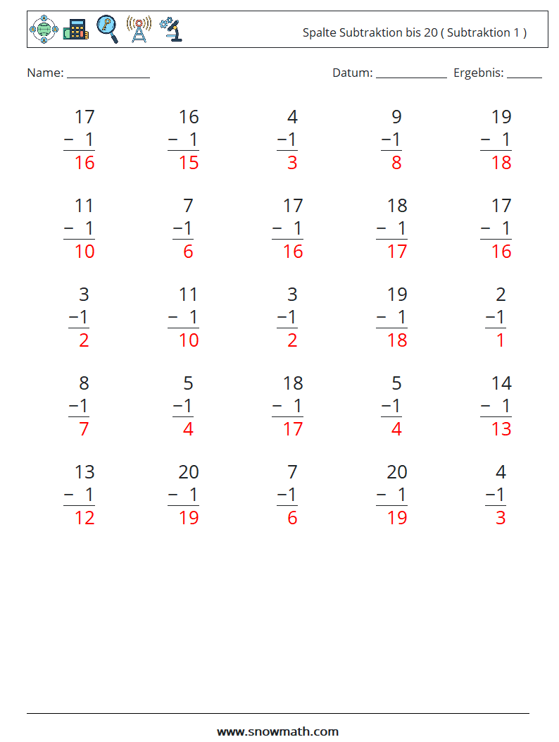(25) Spalte Subtraktion bis 20 ( Subtraktion 1 ) Mathe-Arbeitsblätter 8 Frage, Antwort