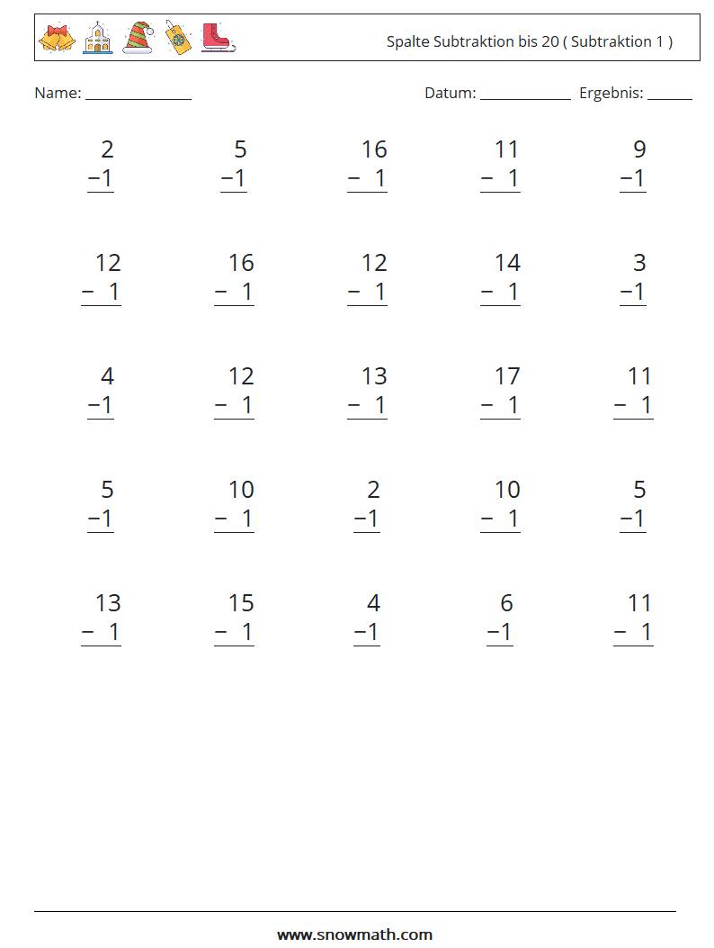 (25) Spalte Subtraktion bis 20 ( Subtraktion 1 ) Mathe-Arbeitsblätter 9