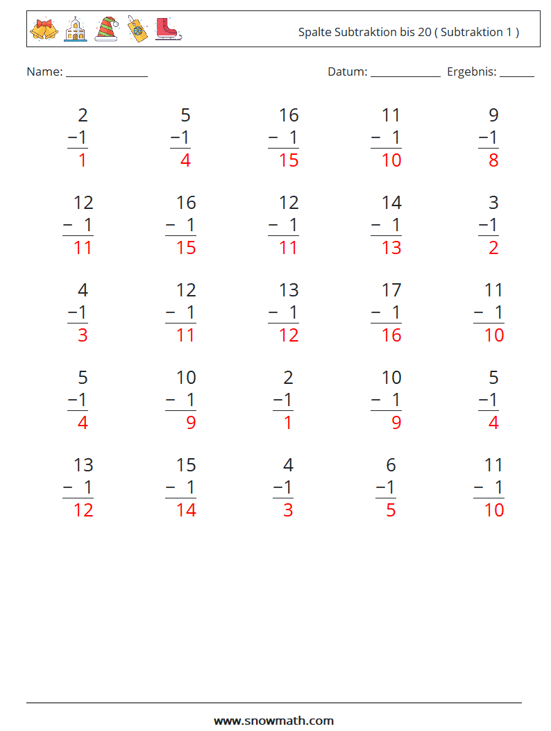 (25) Spalte Subtraktion bis 20 ( Subtraktion 1 ) Mathe-Arbeitsblätter 9 Frage, Antwort