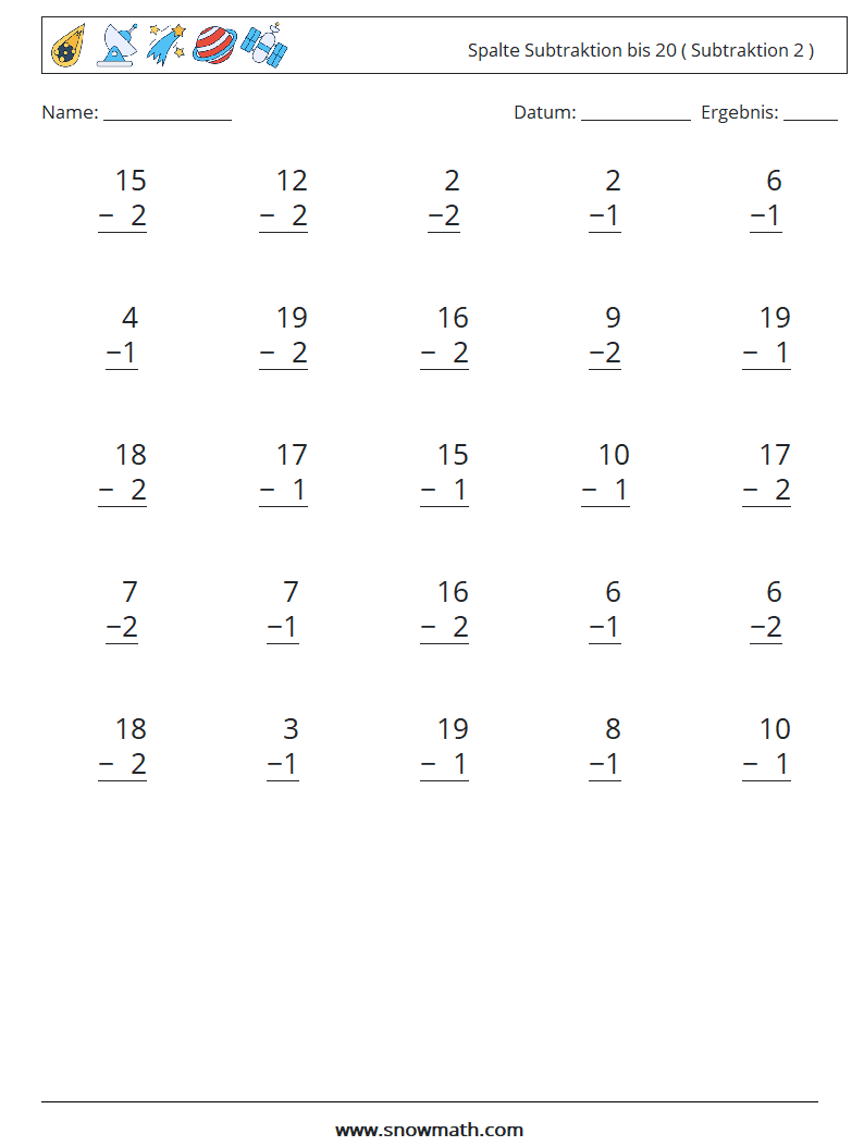 (25) Spalte Subtraktion bis 20 ( Subtraktion 2 ) Mathe-Arbeitsblätter 10