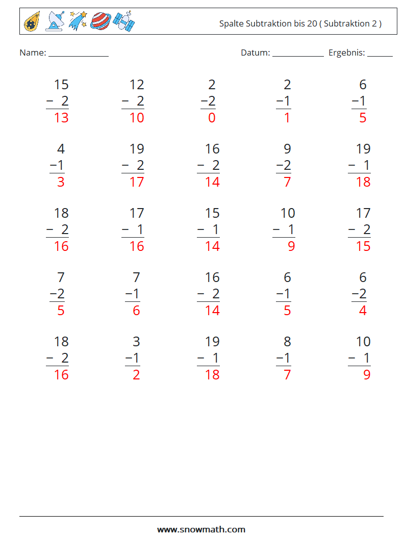 (25) Spalte Subtraktion bis 20 ( Subtraktion 2 ) Mathe-Arbeitsblätter 10 Frage, Antwort
