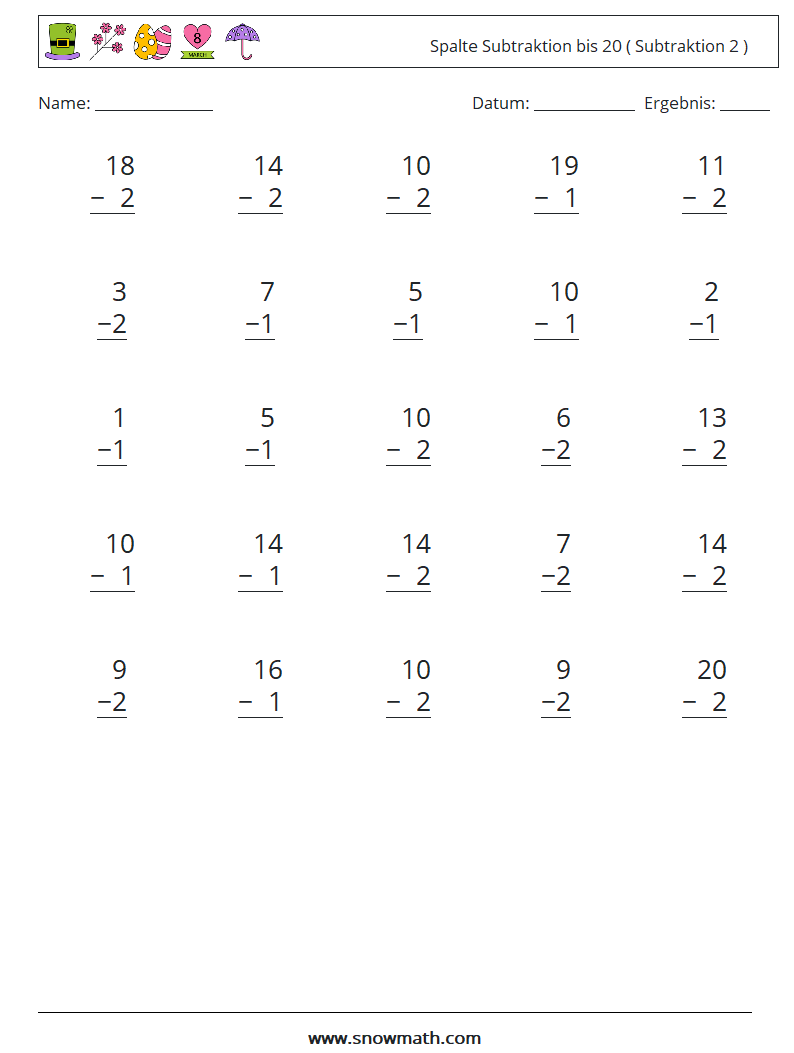 (25) Spalte Subtraktion bis 20 ( Subtraktion 2 ) Mathe-Arbeitsblätter 11