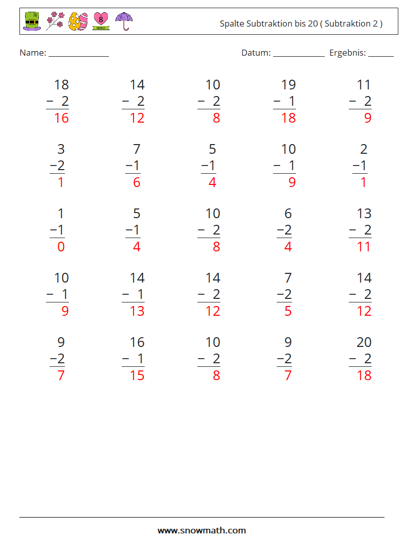 (25) Spalte Subtraktion bis 20 ( Subtraktion 2 ) Mathe-Arbeitsblätter 11 Frage, Antwort
