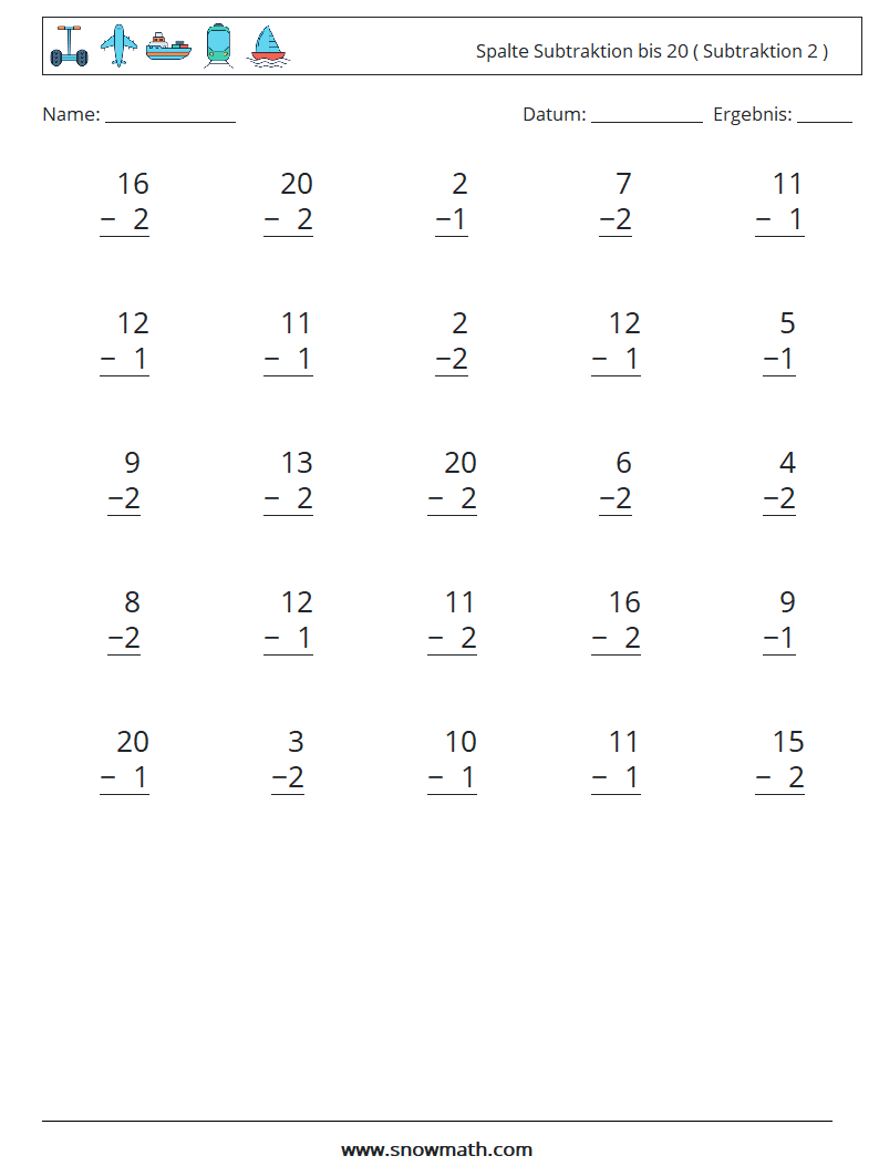 (25) Spalte Subtraktion bis 20 ( Subtraktion 2 ) Mathe-Arbeitsblätter 12