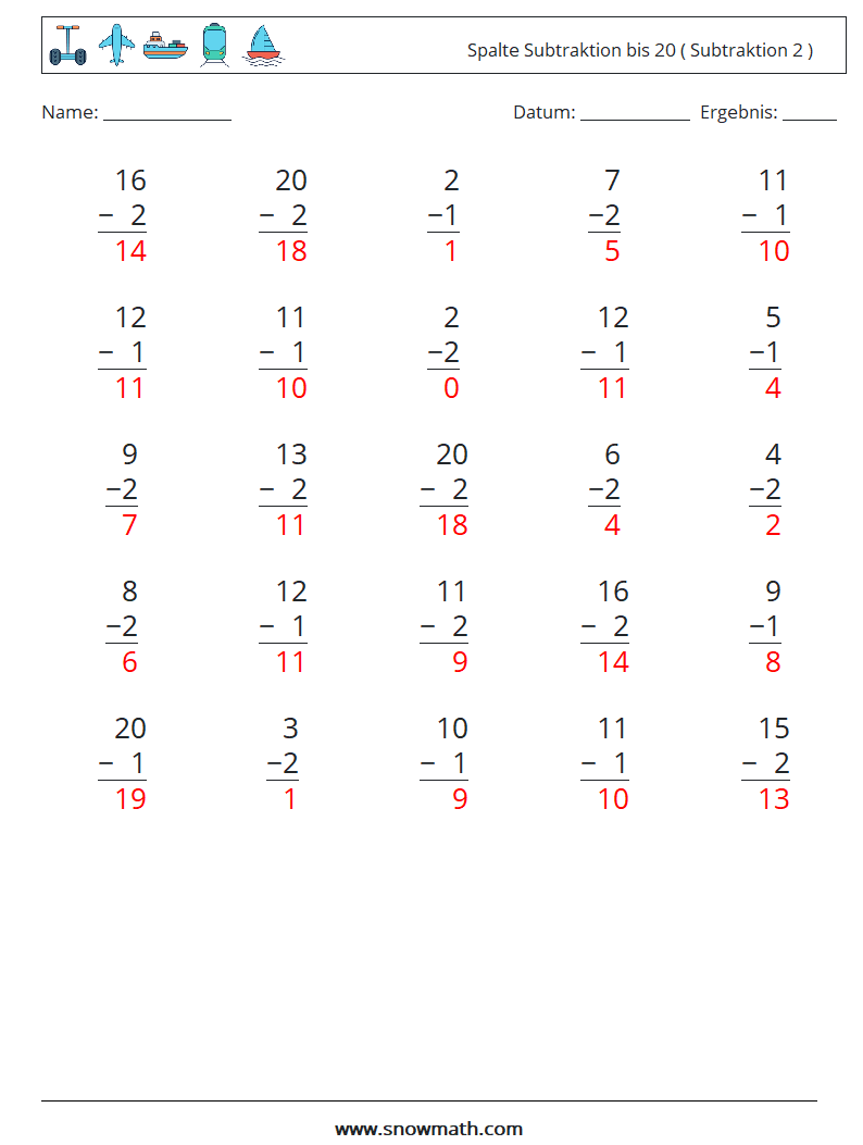 (25) Spalte Subtraktion bis 20 ( Subtraktion 2 ) Mathe-Arbeitsblätter 12 Frage, Antwort