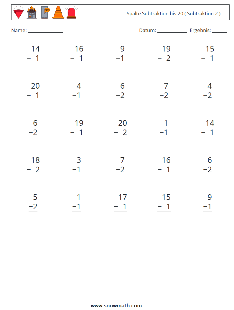 (25) Spalte Subtraktion bis 20 ( Subtraktion 2 ) Mathe-Arbeitsblätter 13