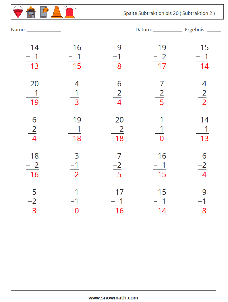 (25) Spalte Subtraktion bis 20 ( Subtraktion 2 ) Mathe-Arbeitsblätter 13 Frage, Antwort