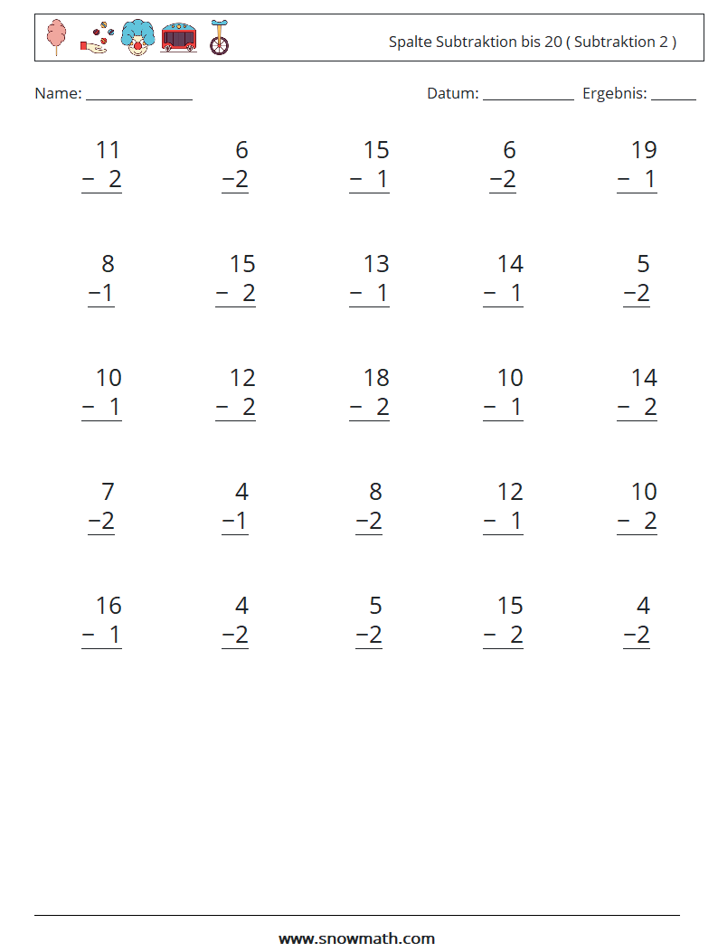 (25) Spalte Subtraktion bis 20 ( Subtraktion 2 ) Mathe-Arbeitsblätter 14
