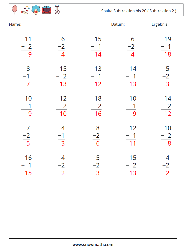 (25) Spalte Subtraktion bis 20 ( Subtraktion 2 ) Mathe-Arbeitsblätter 14 Frage, Antwort
