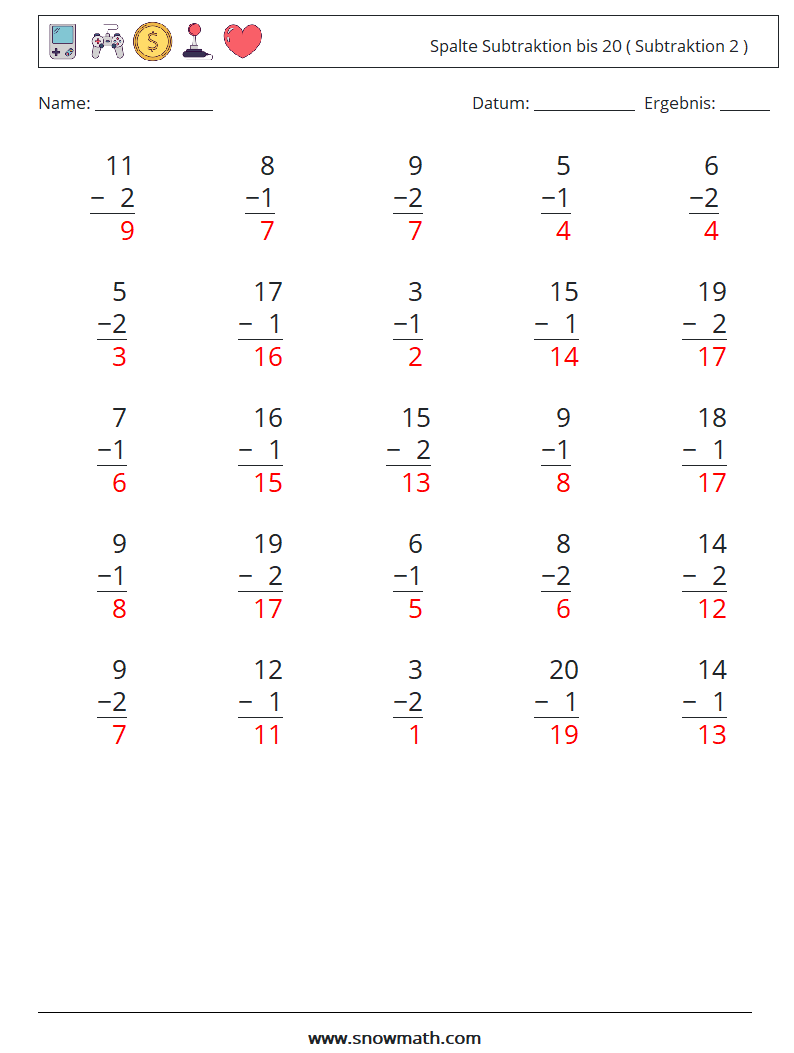 (25) Spalte Subtraktion bis 20 ( Subtraktion 2 ) Mathe-Arbeitsblätter 15 Frage, Antwort